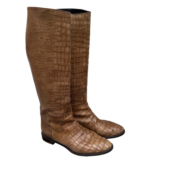 Stuart Weitzman Shoes - Stuart Weitzman Equine Croc-Embossed Knee Leather Boots Espresso Brown Size 8.5